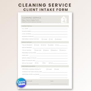 Puede incluir: Un formulario de admisión de clientes de servicios de limpieza imprimible con secciones para datos de contacto, detalles del servicio y preferencias. El formulario incluye campos para nombre completo, número de teléfono, correo electrónico y productos de limpieza preferidos. El logotipo de Canva Editable es visible.