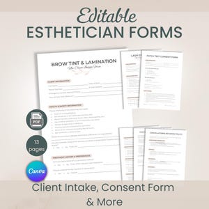 May include: Editable esthetician forms, including client intake, consent forms, and more. The forms are designed for estheticians and are available in PDF format. The image shows a stack of 13 pages, with the Canva logo.
