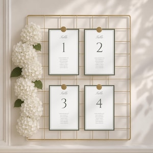 Puede incluir: Una rejilla de alambre dorada con cuatro tarjetas rectangulares de número de mesa etiquetadas como Table 1, 2, 3 y 4, cada una sujeta con un clip circular dorado. Un arreglo vertical de flores de hortensia blancas está unido al lado izquierdo.