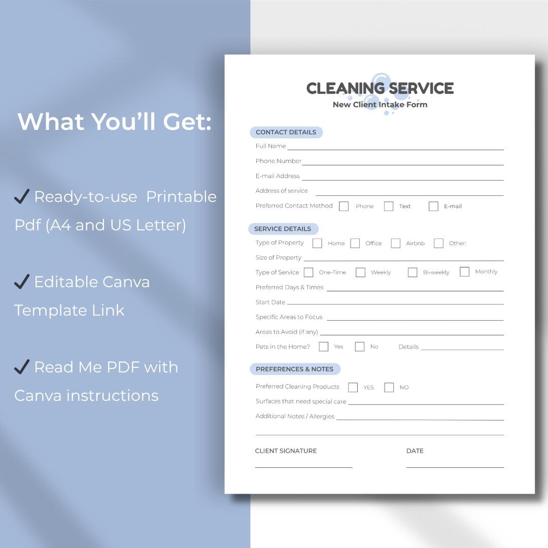 Cleaning Client Intake Form, Editable Canva Template, New Client ...