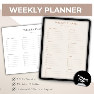 Weekly Planner Printable – A4, A5 & US Letter • Horizontal + Vertical Layouts • iPad and  Printable PDF • Minimal and Clean