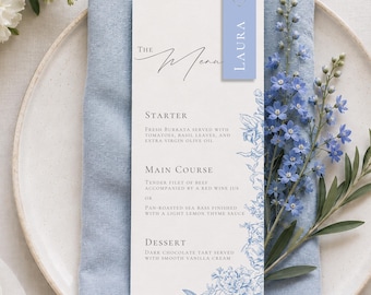 Menú de boda azul con plantilla de tarjeta de mesa / Menú estilo toile francés y etiqueta con el nombre del invitado (editable en Canva)