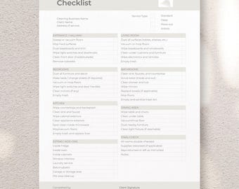 May include: An editable Canva template for a cleaning services checklist. The document features a light gray header with the text "Cleaning Services Checklist" and a house icon. It includes organized sections for various rooms and tasks.