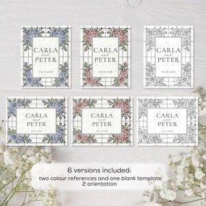 May include: Six rectangular wedding invitation templates featuring a grid pattern and rose illustrations. Three are vertical and three are horizontal. They display the text CARLA and PETER 05.15.2026 in blue, pink, and black line art styles.