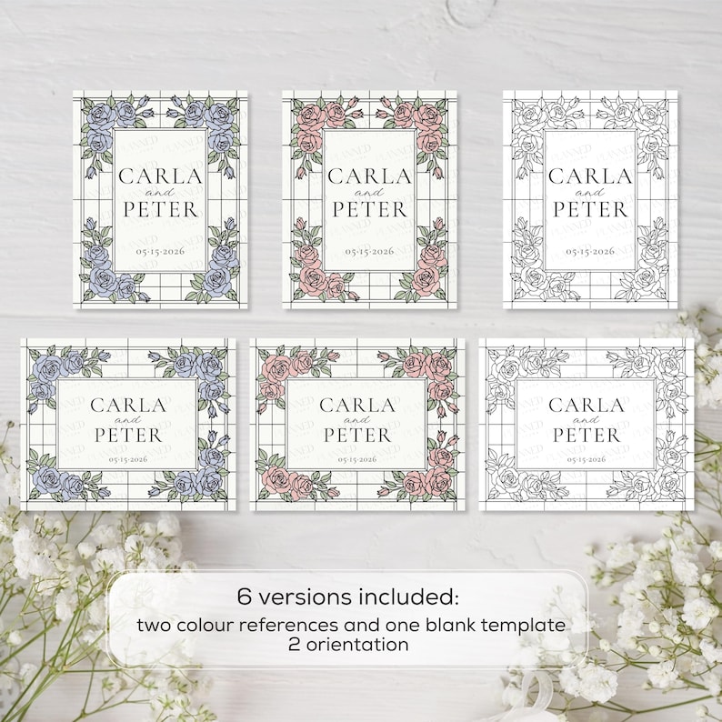 May include: Six rectangular wedding invitation templates featuring a grid pattern and rose illustrations. Three are vertical and three are horizontal. They display the text CARLA and PETER 05.15.2026 in blue, pink, and black line art styles.