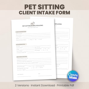 ペットシッターのクライアント受付フォームCanvaテンプレート、ペットシッターの新規クライアントフォーム（A4およびUSレターサイズで印刷可能）PDF、ドッグウォーカーフォーム