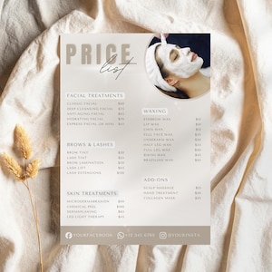 Esthetician Price List Template, Editable Facial & Skincare Service Menu, Printable Canva Salon Price Guide