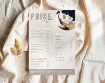 Esthetician Price List Template, Editable Facial & Skincare Service Menu, Printable Canva Salon Price Guide