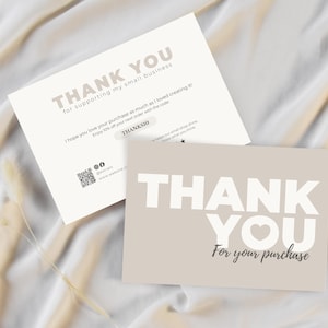 Puede incluir: Dos tarjetas de agradecimiento beige con texto blanco y marrón claro. Una tarjeta dice "THANK YOU for supporting my small business" e incluye un código QR. La otra tarjeta dice "THANK YOU For your purchase" con un símbolo de corazón.