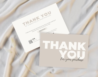 Dankeskartenvorlage mit QR-Code und Coupon, bearbeitbare kleine Geschäftseinlage, Minimale Boutique-Verpackungskarte, Canva Printable
