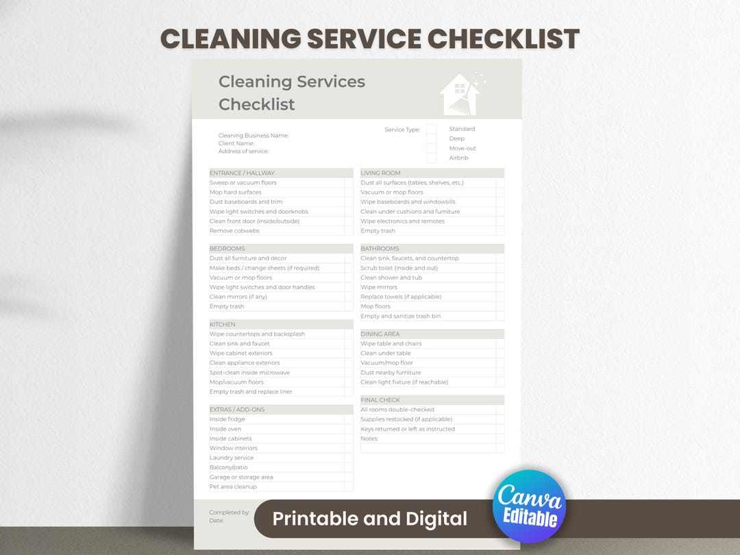 Cleaning Service Checklist Template – Editable Cleaning Checklist