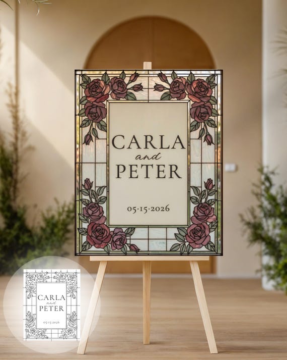 DIY Stained Glass Wedding Sign Template | Rose Floral Faux Glass Painting Pattern (Canva Editable)