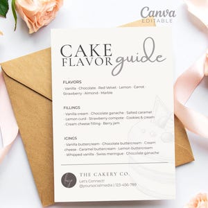 May include: A light-colored cake flavor guide with text that reads "Cake Flavor Guide". The guide lists cake flavors, fillings, and icings. The guide is on a brown envelope with pink ribbons and peach-colored roses.