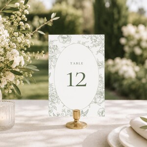 May include: A table number card with an oval design, featuring the word "TABLE" above the number "12" in a dark green font. The card has a floral pattern and is held by a gold-colored metal stand. The background is blurred, suggesting an outdoor setting.