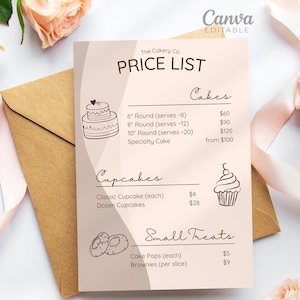 Puede incluir: Una lista de precios rosa claro de The Cakery Co. con el texto "PRICE LIST" en la parte superior. La lista incluye opciones de pasteles, cupcakes y pequeños dulces. La imagen también presenta un sobre marrón, una cinta rosa y rosas color melocotón.