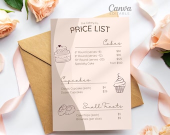Könnte beinhalten: Eine hellrosa Preisliste von The Cakery Co. mit dem Text "PRICE LIST" oben. Die Liste enthält Optionen für Kuchen, Cupcakes und kleine Leckereien. Das Bild zeigt auch einen braunen Umschlag, ein rosa Band und pfirsichfarbene Rosen.