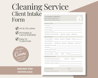 Cleaning Client Intake Form Canva Template – Editable House Cleaning Form PDF – Residential & Commercial Cleaning Business Printable