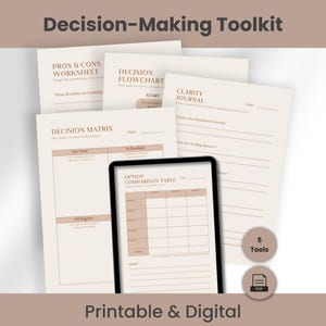 Może przedstawiać: Zestaw drukowanych narzędzi do podejmowania decyzji, w tym arkusze kalkulacyjne, schematy blokowe i macierz decyzyjna. Zestaw narzędzi charakteryzuje się neutralną paletą kolorów z tekstem "Decision-Making Toolkit" i "Printable & Digital". Zawiera 5 narzędzi.