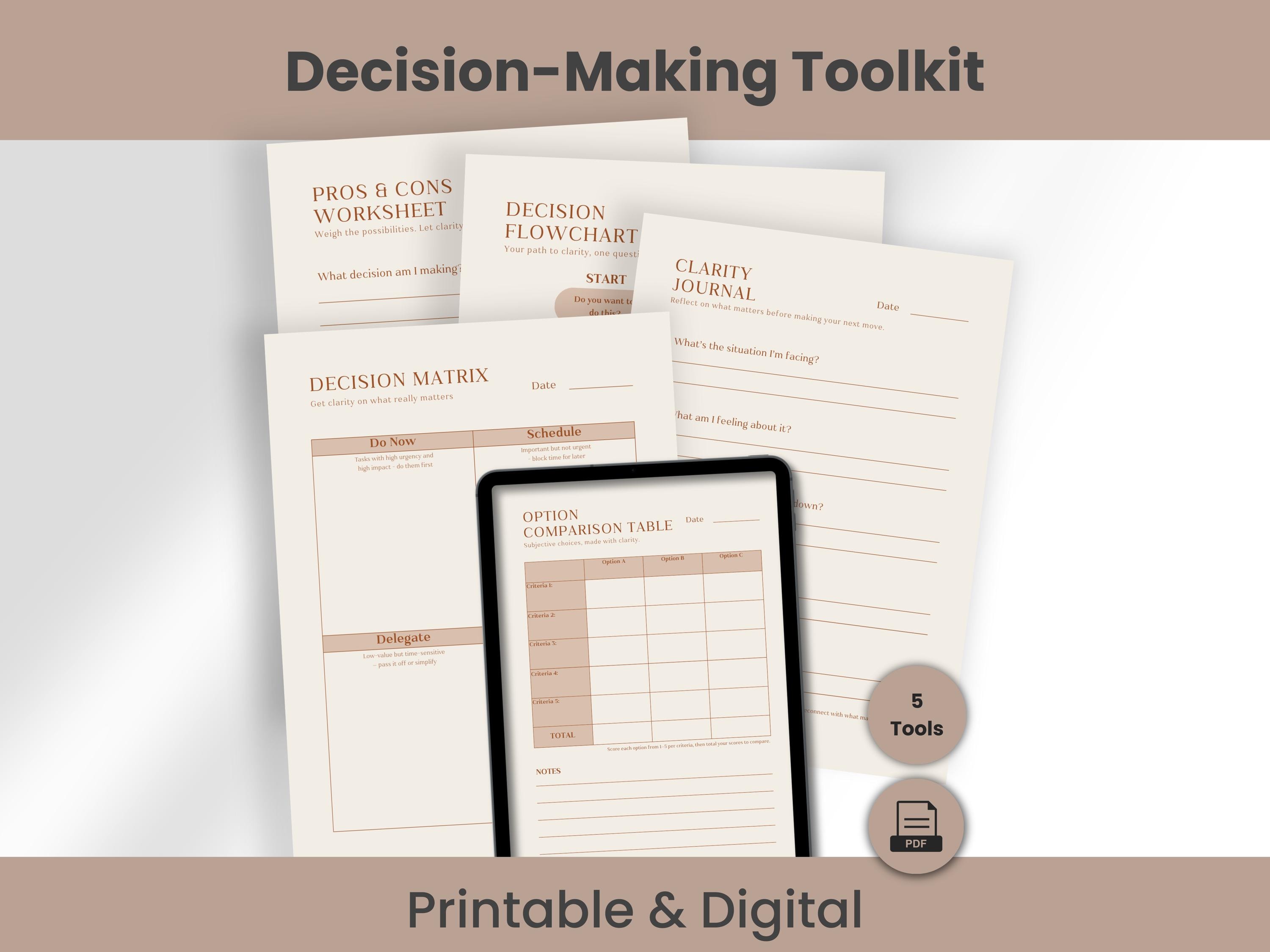 Decision Making Brain Dump Planner, Eisenhower Decision Matrix, Flowchart, Pros and Cons Worksheets, A4 US Letter Digital Printable