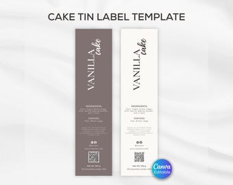 May include: Two rectangular cake tin label templates. One is taupe, the other is off-white. Both have "VANILLA cake" in script. Ingredients and allergen information are listed. The text "CAKE TIN LABEL TEMPLATE" is at the top.
