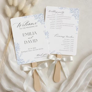 Wedding Program Fan Template | Blue Floral French Toile Ceremony Timeline Fan (Editable Canva Printable)
