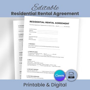 Residential Rental Agreement Template, Simple Editable Lease Contract for Landlords, Printable PDF Canva Editable, Room or Full Property Use