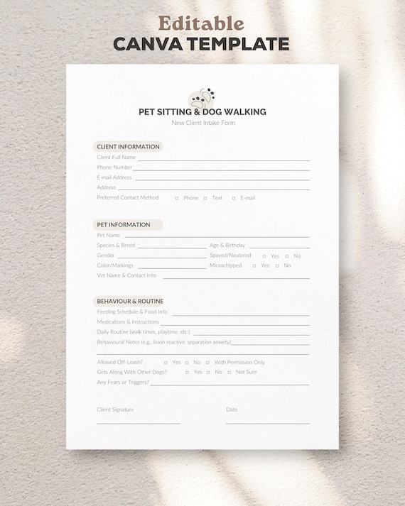 Pet Sitting Client Intake Form Canva Template, Pet Sitter New Client Form Printable PDF A4 and US Letter, Dog Walker Form