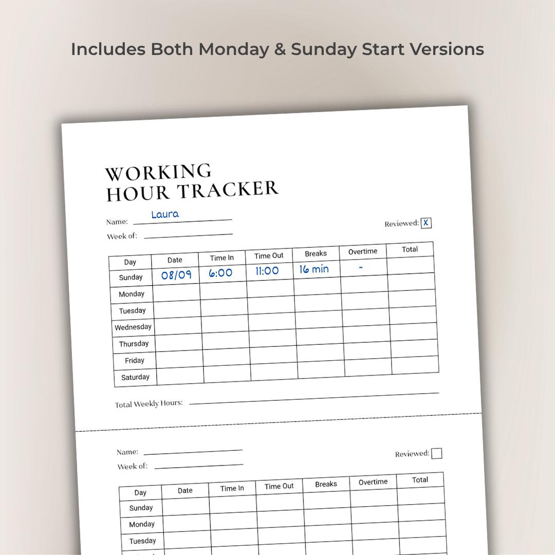 Printable Employee Time Sheet, Weekly Work Hours Tracker PDF · Timecard ...