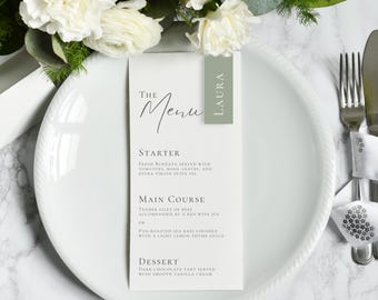 Menú de boda minimalista con plantilla de tarjeta de lugar, menú moderno y etiqueta con nombre, editable en Canva.