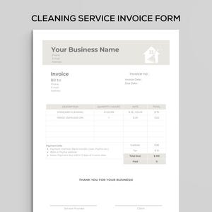 May include: A cleaning service invoice form with the text "CLEANING SERVICE INVOICE FORM" at the top. The form includes fields for business name, invoice details, and a table for services rendered. The total due is £83.50.