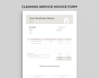 Op de afbeelding: Een factuurformulier voor schoonmaakdiensten met de tekst "CLEANING SERVICE INVOICE FORM" bovenaan. Het formulier bevat velden voor bedrijfsnaam, factuurgegevens en een tabel voor geleverde diensten. Het totaalbedrag is €97,65.