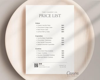Bakery Price List Template | Minimal Bakery Menu & Cake Price Sheet (Canva Editable)