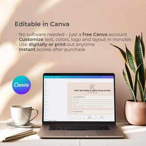 Op de afbeelding: Een laptop met een sjabloon voor een intakeformulier voor huisdierenoppas in Canva. Het scherm toont velden voor klant- en huisdiergegevens. De tekst boven de laptop luidt Editable in Canva, No software needed, Customize text, colors, logo and layout in minutes, Use digitally or print out anytime, Instant access after purchase.