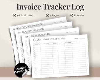 Printable Invoice Tracker, 4-Page Client Tracker, Payment Log for Small Business · A4 and US Letter PDF · Manual Bookkeeping Freelance Tool
