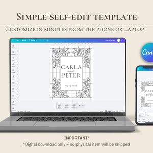 May include: A digital self-edit template displayed on a laptop and smartphone screen, featuring a floral border design with the text Carla and Peter 05.15.2026. The interface shows Canva editing tools, and the text states Simple self-edit template.