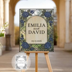 Plantilla de letrero de boda con diseño de hortensias en vidrieras / Letrero de bienvenida floral de imitación de vidrio para hacer tú mismo (editable en Canva)