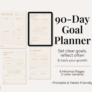 Planificador de objetivos de 90 días imprimible: establece objetivos, reflexiona y sigue tu progreso / PDF para creadores y emprendedores / Formato minimalista A4 + Carta de EE. UU.
