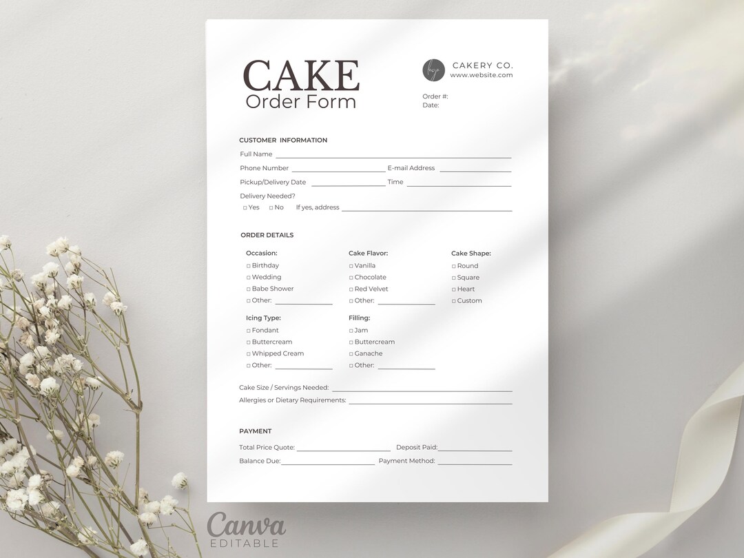 Cake Order Form Template for Bakers, Editable Bakery Order Sheet (canva ...