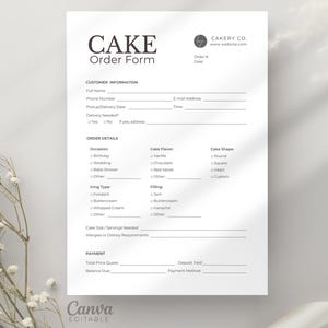 Könnte beinhalten: Ein weißes Kuchenbestellformular mit dem Text "CAKE Order Form" oben. Das Formular enthält Abschnitte für Kundeninformationen, Bestelldetails und Zahlung. Das Canva Editable-Logo befindet sich unten.
