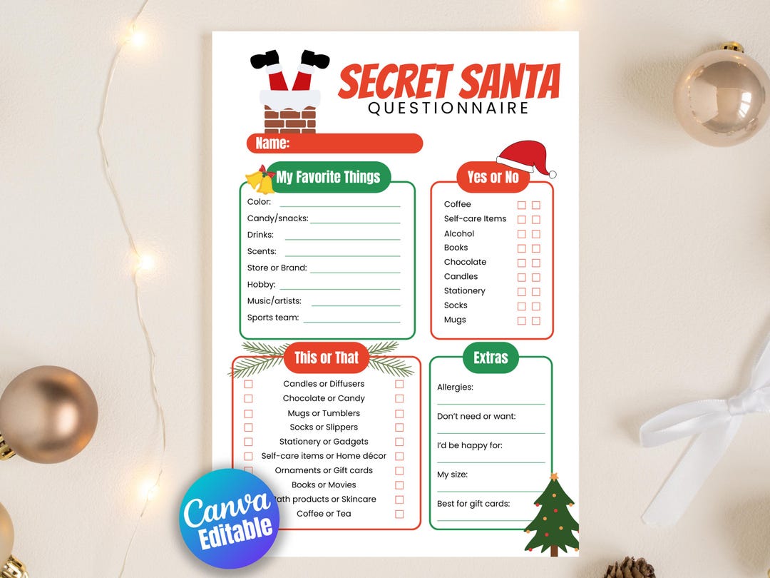 Secret Santa Questionnaire Template, Printable and Editable Christmas ...