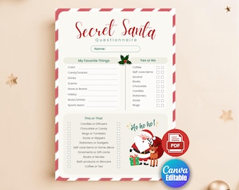 May include: A Secret Santa questionnaire with a festive design. The top reads "Secret Santa Questionnaire" in red script. The form includes sections for favorite things and "This or That" choices, with a Santa illustration.
