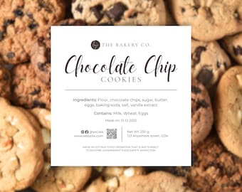 Plantilla de etiqueta de comida de Cookie Cottage, etiqueta editable de ingredientes y alérgenos para galletas, etiqueta adhesiva personalizada para galletas, imprimible en Canva