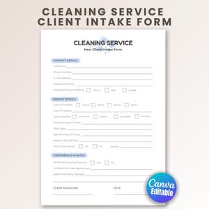 Puede incluir: Un formulario de admisión de clientes de servicios de limpieza en blanco con encabezados y texto azules. El formulario incluye secciones para los datos de contacto, los detalles del servicio y las preferencias. El logotipo de Canva Editable está en la esquina inferior derecha.