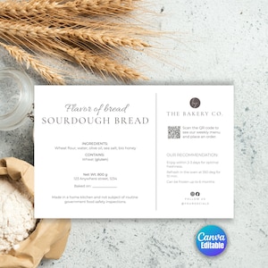 Mall för etikett för surdegsbröd, redigerbar ingrediens- och allergenetikett för surdegsbröd med QR-kod, utskrivbar canvasdesign
