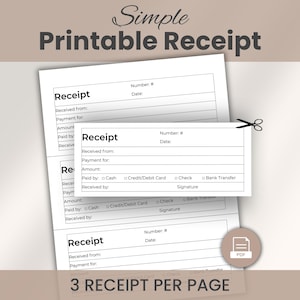 Printable Receipt Template PDF, 3 Receipts Per Page for Services, Freelancers, Rent or Customer Payments, A4 and US Letter Sizes