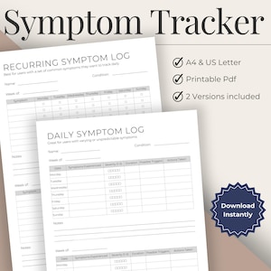 Symptom Tracker Printable · 2-Page Health & Chronic Pain Log for Chronic Illness Journal · A4 and US Letter PDF · Weekly  Checklist Format