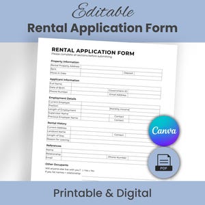 Rental Application Form Template, Editable Canva Template, Printable PDF, Tenant Lease Application for Landlords & Property Managers
