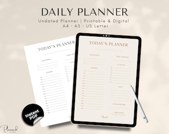 Workday Planner Printable PDF, Minimalist Daily Schedule, To-Do List, Priorities,  Hourly Daily Planner Template, A4 A5 US Letter sizes