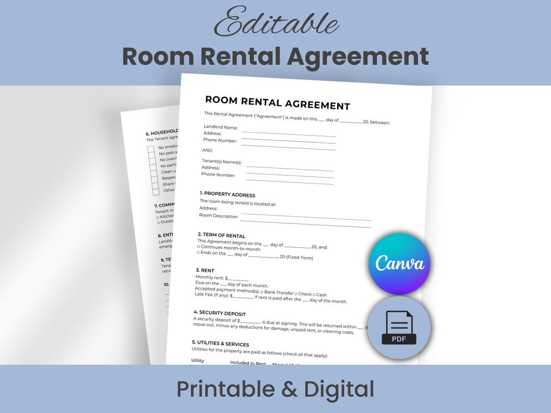 Room Rental Agreement Template, Editable Room Lease for Roommates or ...