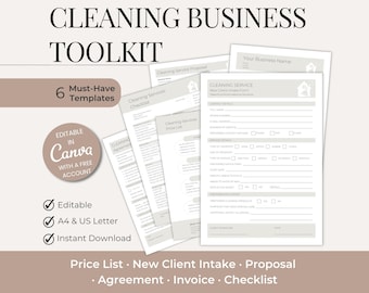 Może przedstawiać: Jasny beżowy zestaw narzędzi do sprzątania z tekstem "CLEANING BUSINESS TOOLKIT" u góry. Zestaw zawiera 6 szablonów, w tym cennik, formularz przyjęcia nowego klienta i propozycję. Edytowalny w Canva i natychmiastowe pobieranie.